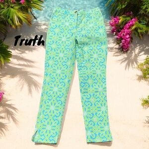 TRUTH BY REPUBLIC NWT WOMENS XS STRETCH ANKLE PANTS NEON GREEN/BLUE SUMMER